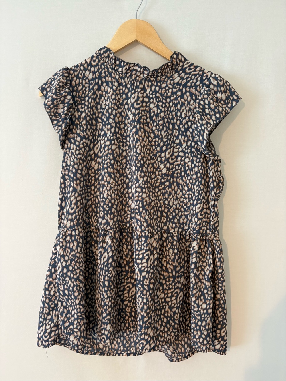 Navy and Beige Leopard Print Ruffle Blouse